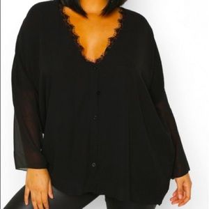 Boohoo - Plus Lace Trim Long Sleeve Blouse